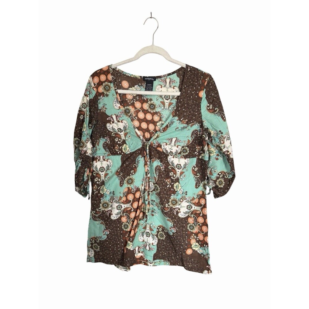 Eyeshadow Women's Sz M Babydoll Top Floral Brown Teal Boho Earthy Y2K V Neck